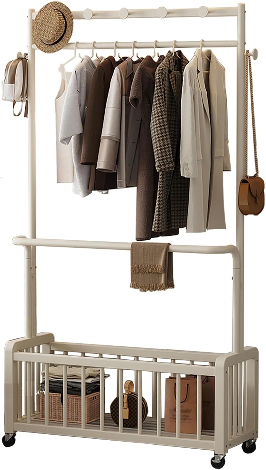 Clothes Rack With Storage Mesh Shelf,Garment Rack With Wheels,Heavy-Duty Metal Clothing Rack,Portable Rolling Clothing Rack For Entryway,Bedroom(White,60cm/23.6in)