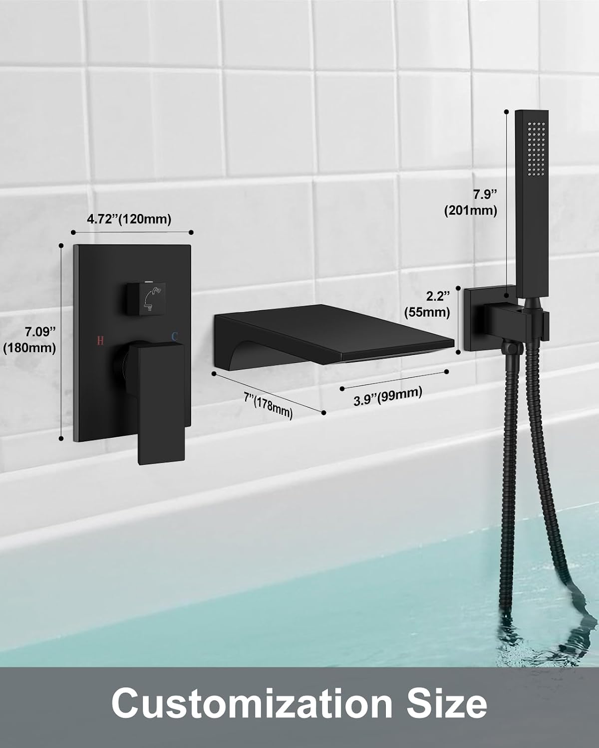 Aolemi Wall Mount Bathtub Faucet,Tub Faucet Set Waterfall Wall Mounted Tub Filler with Handheld Sprayer Single Handle,Matte Black