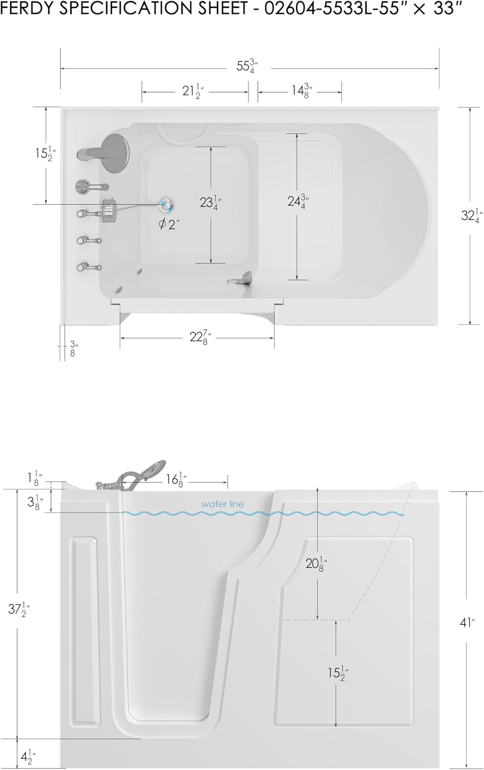 FerdY Floridian 55' x 33' Walk-in Bathtub with Left-Side Door Opening and Quick Fill and Drain System, Rectangular Soaking Bathtub in White
