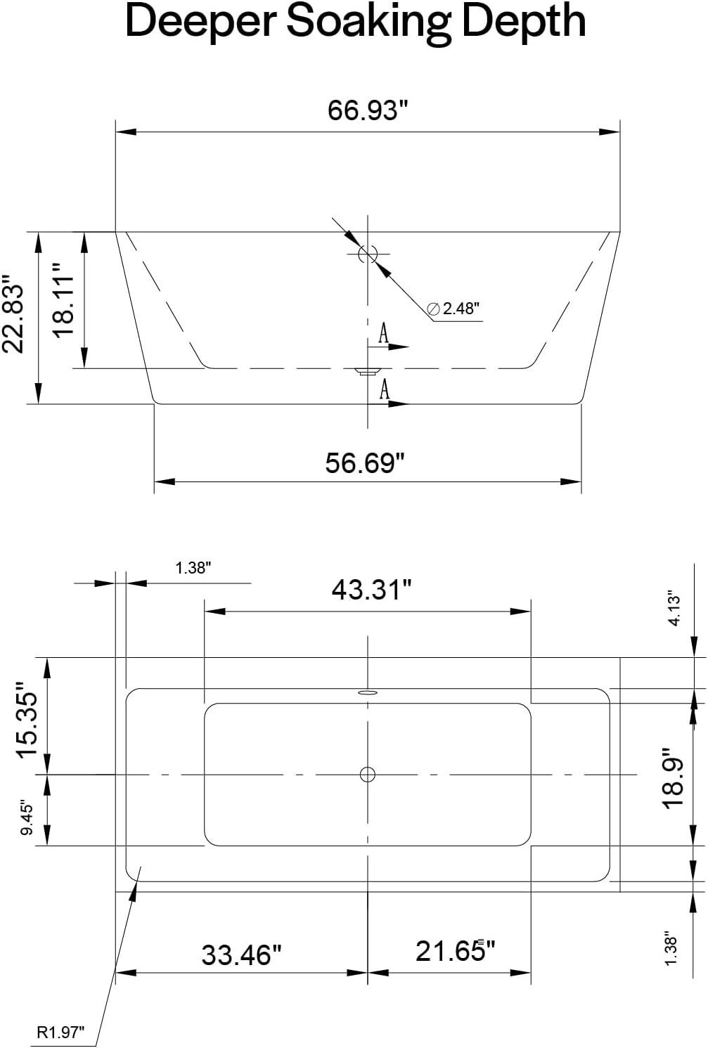 Empava 67' Freestanding Bathtub - Modern Back-to-Wall Soaking Tub with Chrome Drain & Overflow, Gloss White Acrylic Design