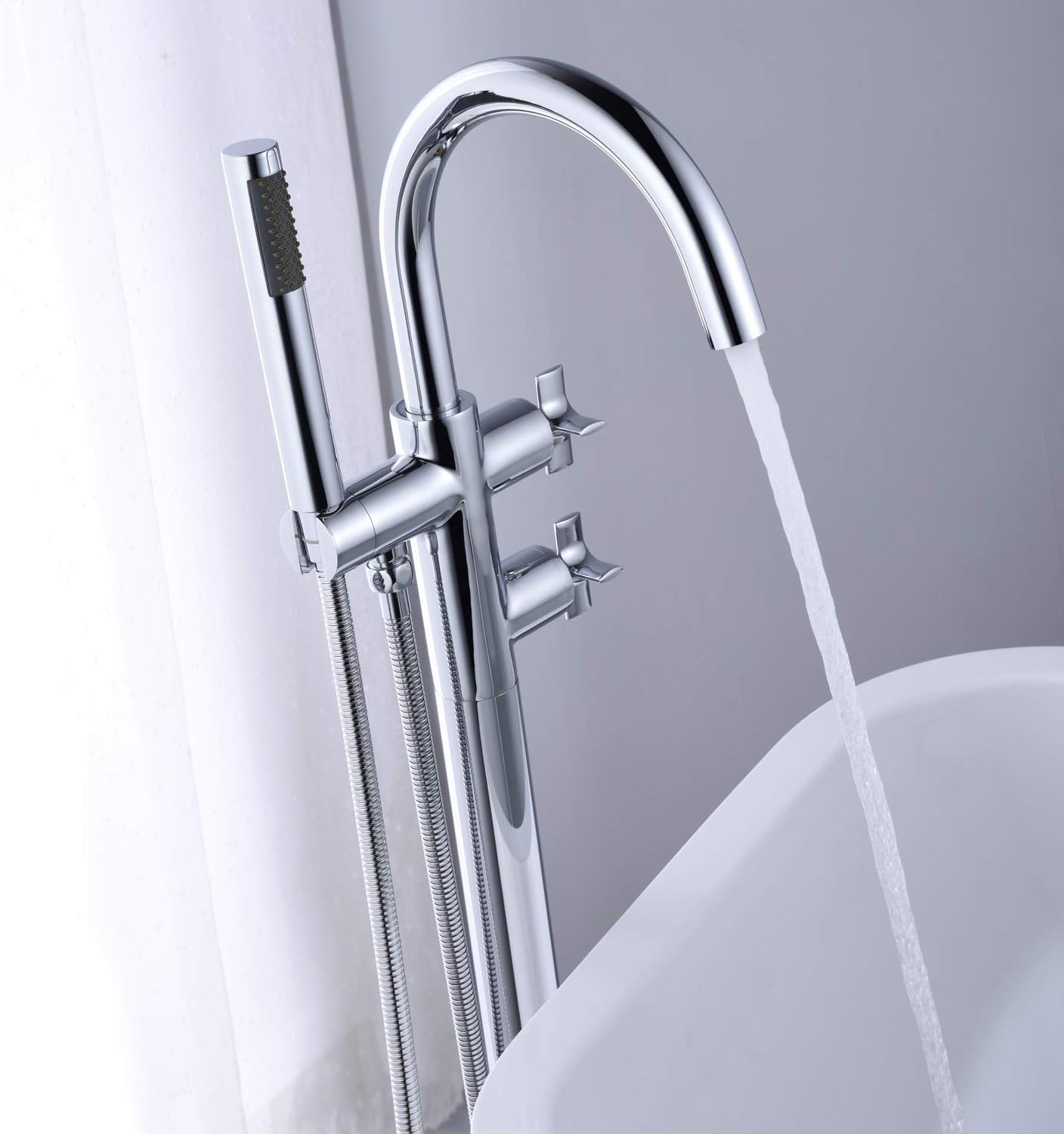 Tub Filler Freestanding Bathtub Faucet Chrome Floor Mount Brass Faucets with Hand Shower