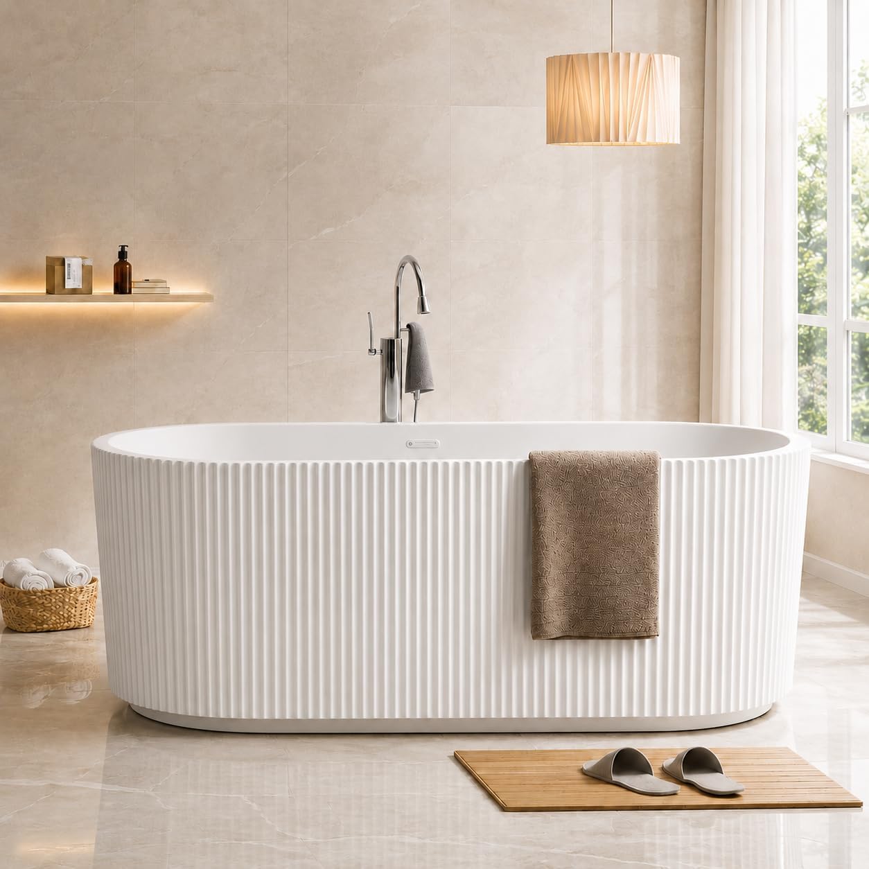 59 Inch Acrylic Freestanding Bathtub, Deep Soaking Tub with Non-Slip Base, cUPC Certified Free Standing Tub, Chrome Drain Bath Tub, Modern Tub for Bathrooms, White