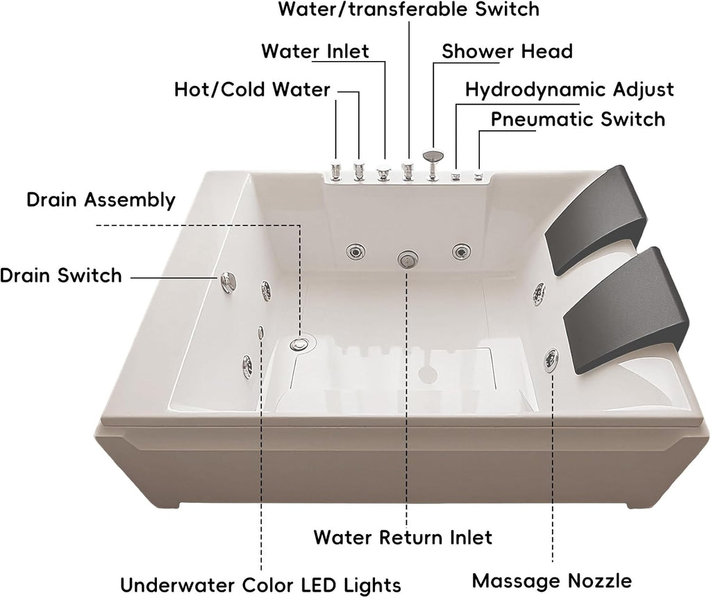 72'x48' Acrylic Jetted Tubs with 8 Whirlpool Nozzles, 2 Person Massage Whirlpool Bathtub with Pillows, 3 Sided Apron Design, Hydro Massage, Color-Changing LED Lights Chromatherapy, Left Drain