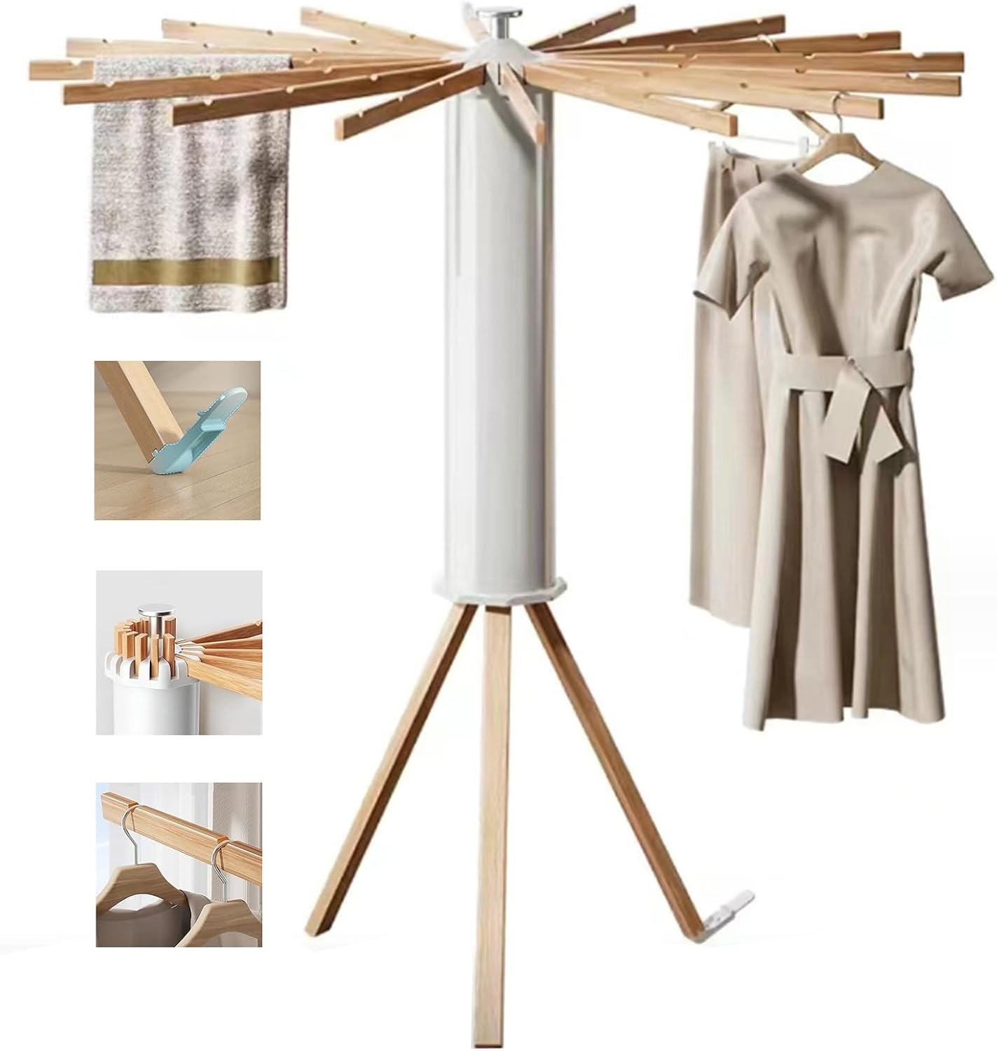 Tripod Clothes Drying Rack,Foldable Laundry Stand/Collapsible Garment Rack- 360° Rotation, High Laundry Drying Rack With16 Poles/Pedal Buckle/Bearing 30kg,White