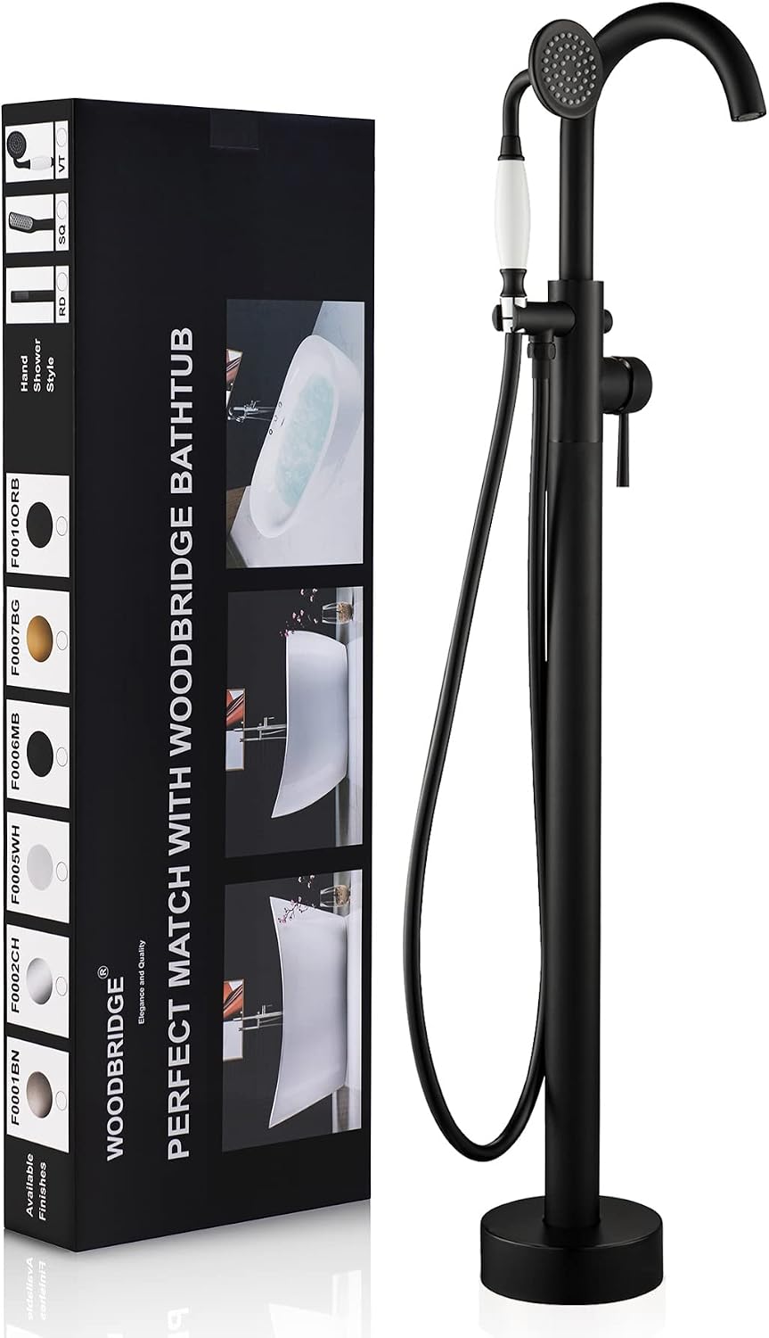 WOODBRIDGE WOODBRIDGEE Contemporary Single Handle Floor Mount Freestanding Tub Filler Faucet with Hand Shower in (Matte Black) Finish,F0006-MBVT