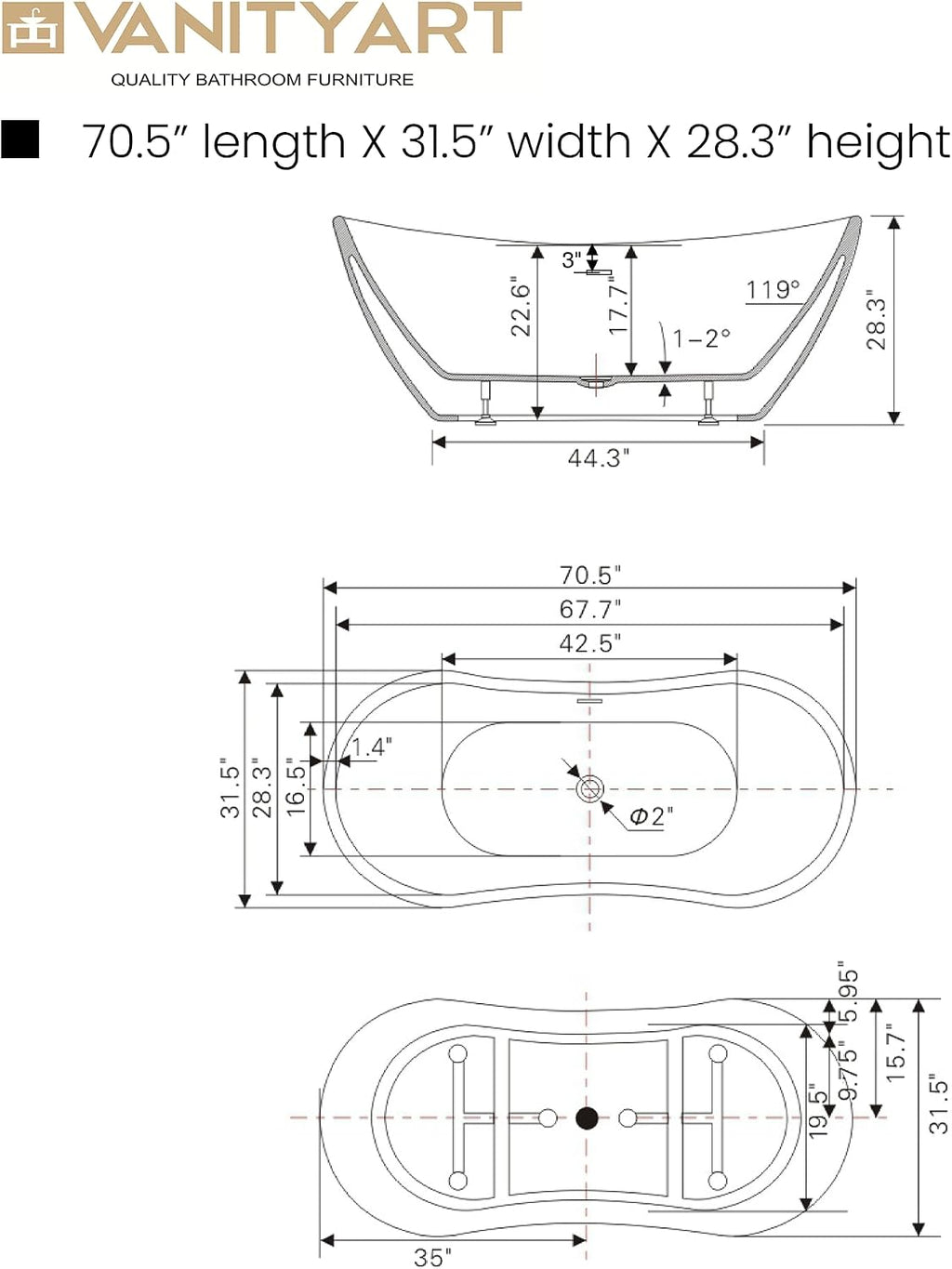 Vanity Art 71' Freestanding Bathtub | Free Standing Tub Stand Alone Tub with Contemporary Design for Soaking and Bathing, Overflow and Pop-up Drain with UPC Certified, Acrylic, VA6517-BN