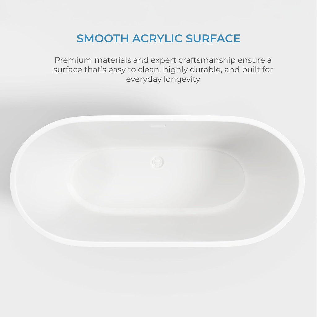 OVE Decors Ayago 66 in. Solid Surface Freestanding White Acrylic Soaking Bathtub, with Overflow and Chrome Pop-up Drain