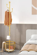 Gold Metal Clothing Hanger Rack with Wheels, Freestanding Organizer for Hanging Clothes, Includes 4 Hooks, Stylish Garment Rack for Home & Retail (Size B)