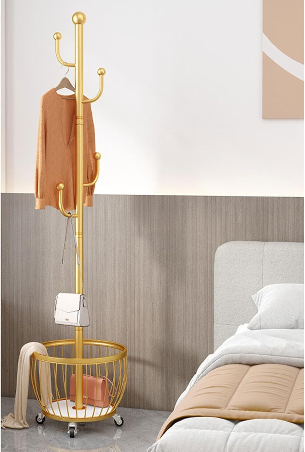 Gold Metal Clothing Hanger Rack with Wheels, Freestanding Organizer for Hanging Clothes, Includes 4 Hooks, Stylish Garment Rack for Home & Retail (Size B)