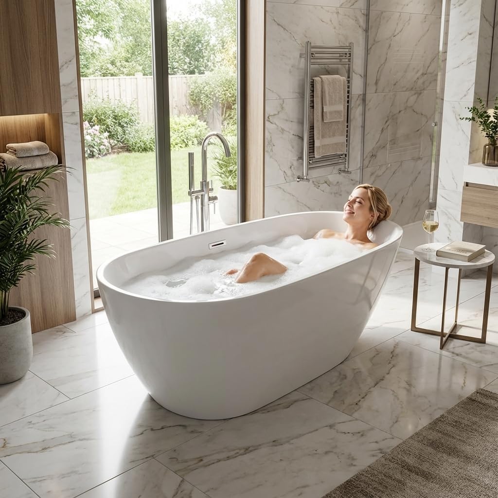 67 Inch Acrylic Freestanding Bathtub, Deep White Oval Pearl-Shape Soaking Tub, Modern Stand Alone Bathtub with Non-Slip Base, Chrome Overflow & Pop-Up Drain, Easy Assembly for Bathroom, Home, Spa