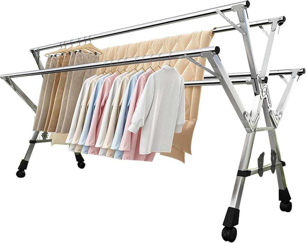 Portable Clothes Drying Rack Outdoor, Garment Rack On Wheels, Laundry Stand Organizer Stainless Steel, Clothes Drying Racks for Laundry Collapsible (160cm/63in)
