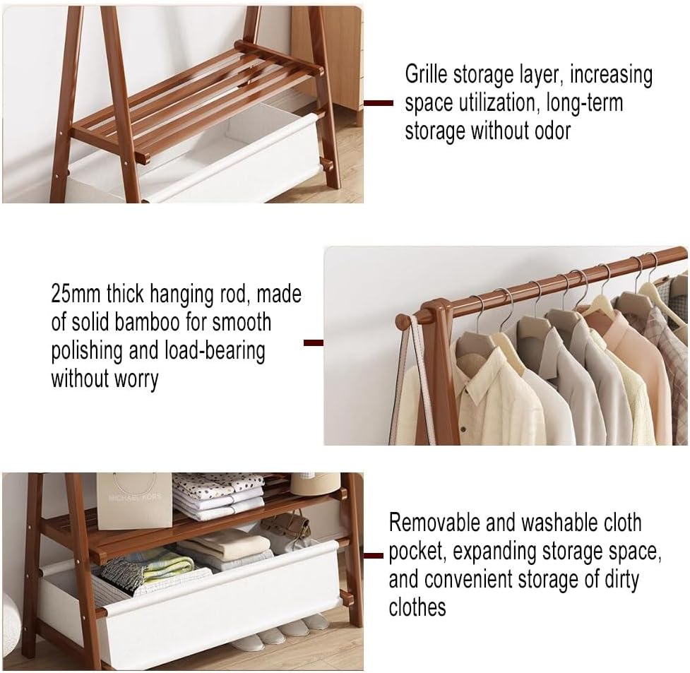 zktoermn Foldable Floor Mounted Coat Rack, with Large Storage Bag Clothes Organizer Stand 2-in-1 Freestanding Garment Rack for Bedroom, Laundry Room, Living-Room (Color : Natural, Size : 86x40x159cm)