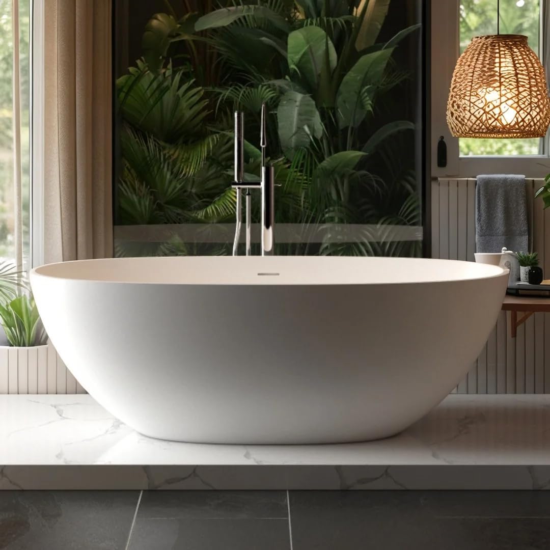 65' Freestanding Solid Surface Bathtub - Luxury Handcrafted Stone Resin Soaking Tub with Overflow, Pop-up Drain & Matte White Finish for Spa-Like Relaxation