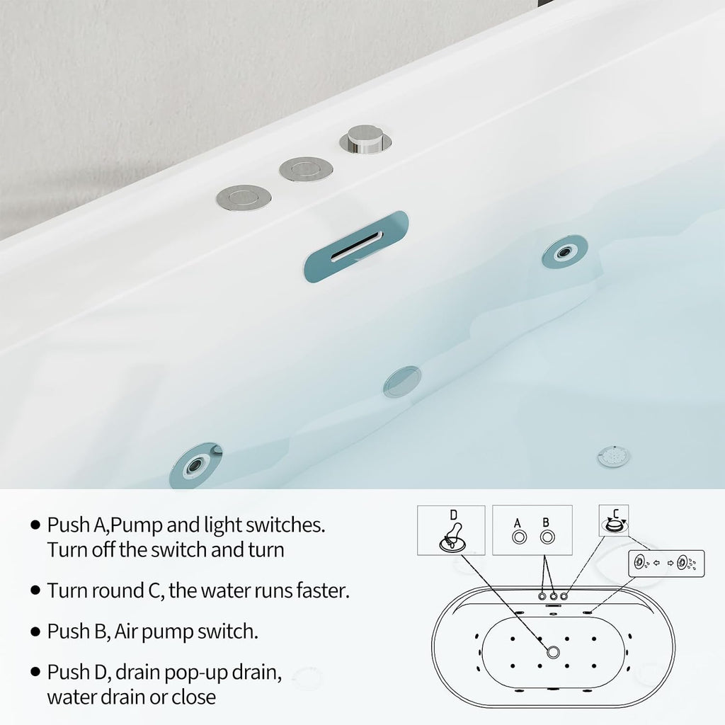 71 Inch Freestanding Jetted Tub,Acrylic Massage Bathtub with 10 Jets and LED Chromatherapy, White Jetted Bath Tub for Modern Bathrooms