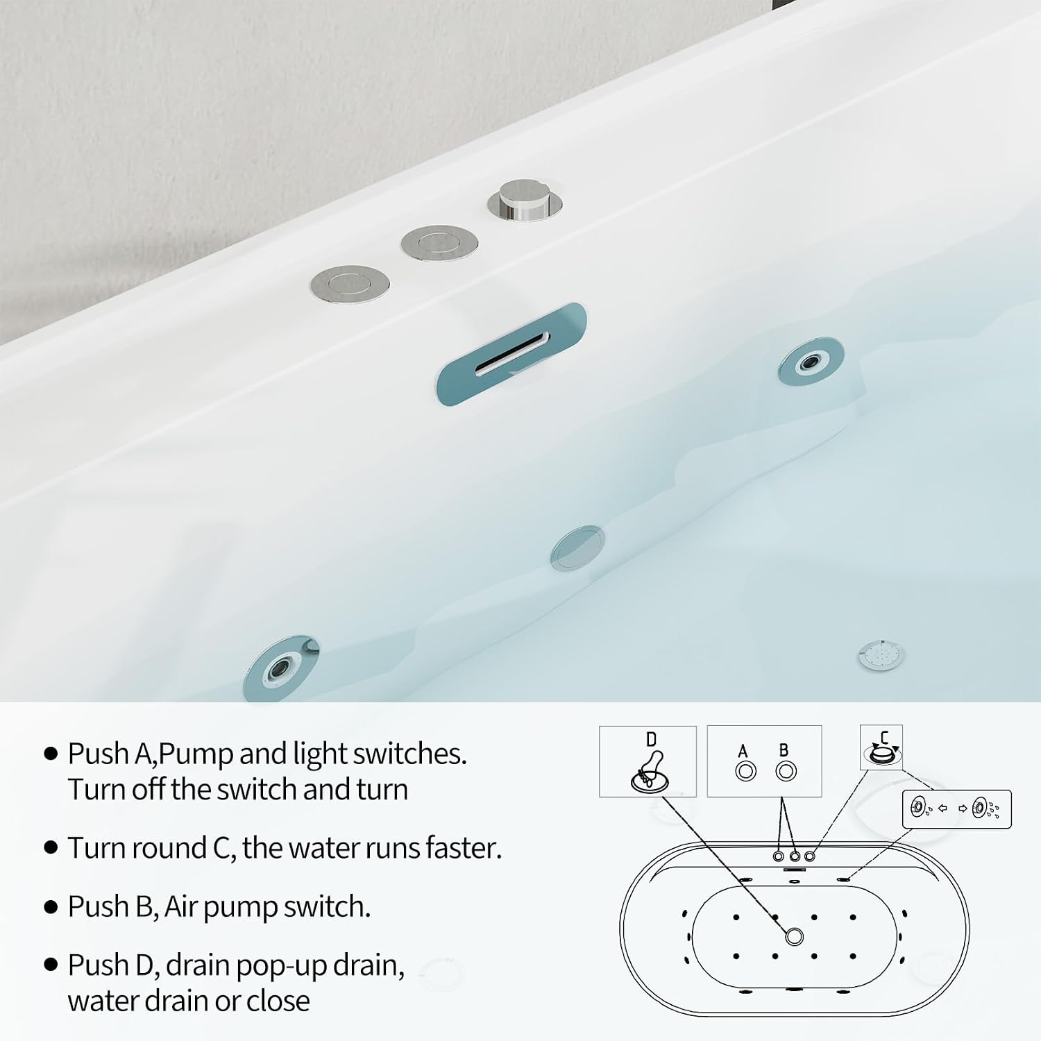 71 Inch Freestanding Jetted Tub,Acrylic Massage Bathtub with 10 Jets and LED Chromatherapy, White Jetted Bath Tub for Modern Bathrooms