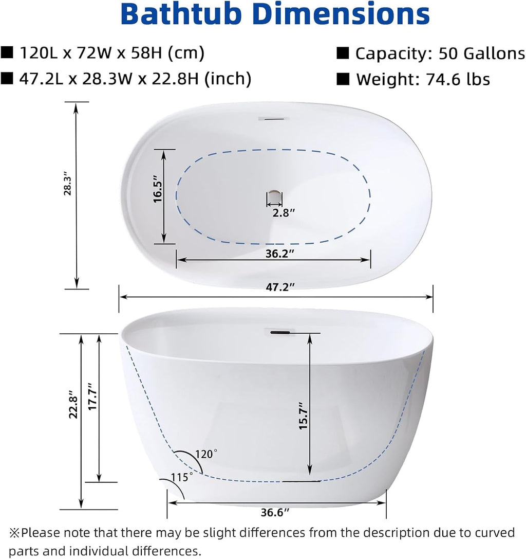 47' Freestanding Bathtub, Acrylic Contemporary Free Standing Tub Oval Shape Soaking Bath Tub with Chrome Overflow & Pop-Up Drain, Gloss White