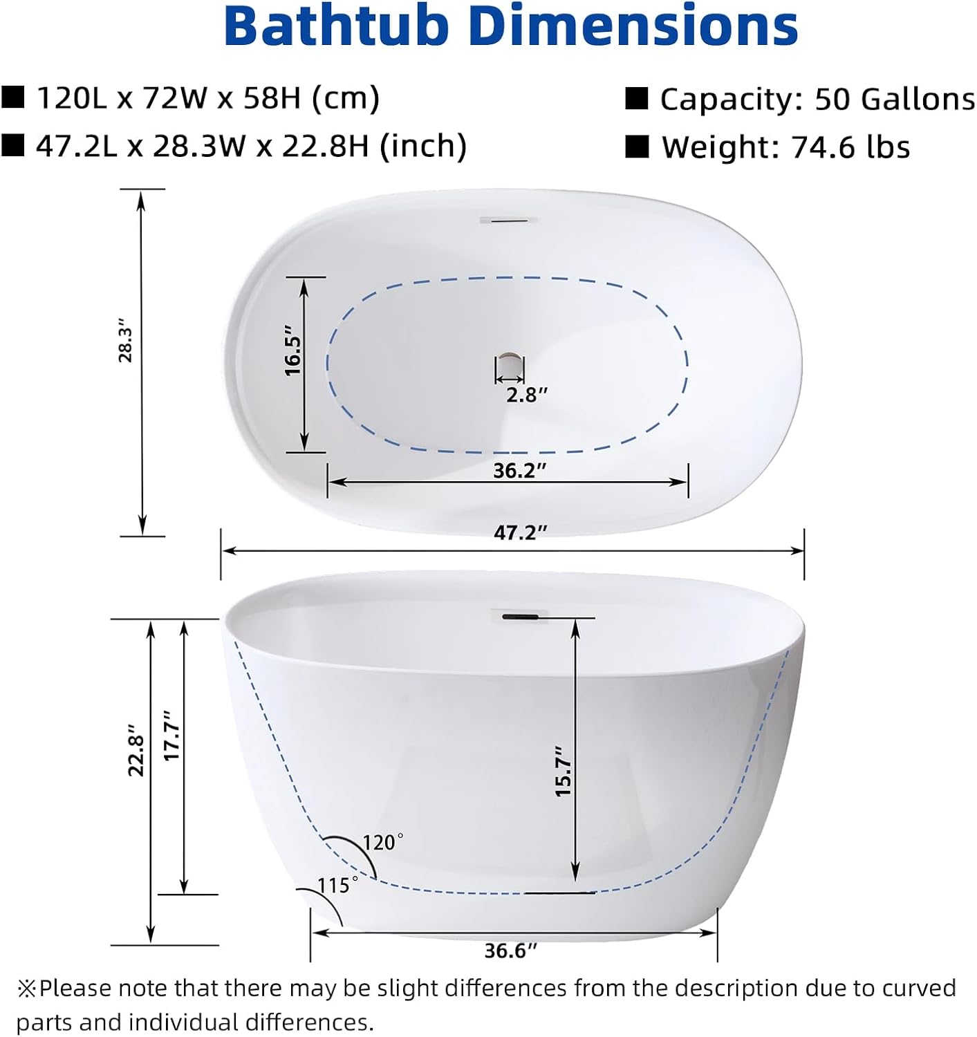 47' Freestanding Bathtub, Acrylic Contemporary Free Standing Tub Oval Shape Soaking Bath Tub with Chrome Overflow & Pop-Up Drain, Gloss White