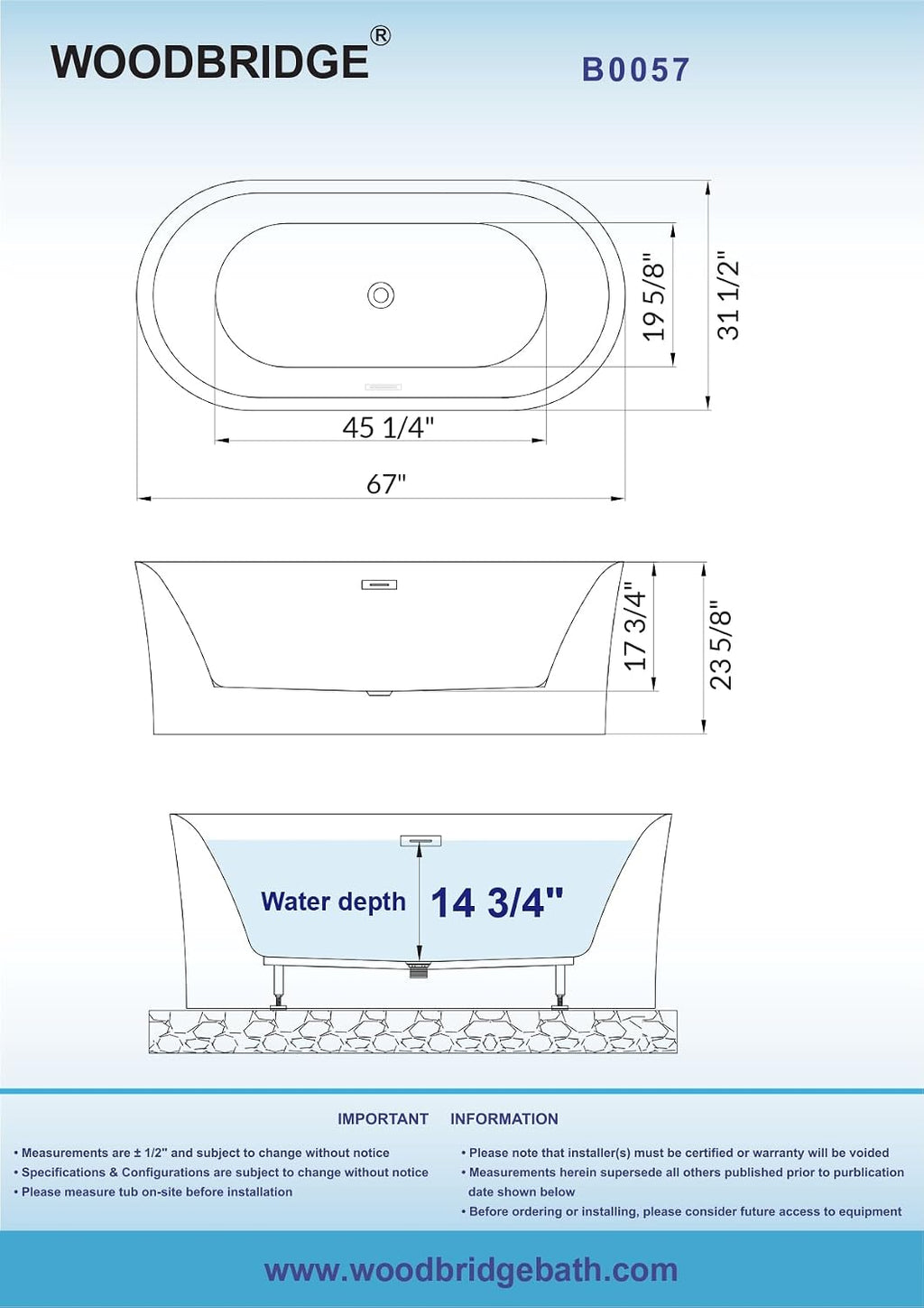 WOODBRIDGE 67' Acrylic Freestanding Bathtub Contemporary Soaking Tub with Matte Black Overflow and Drain,White Tub