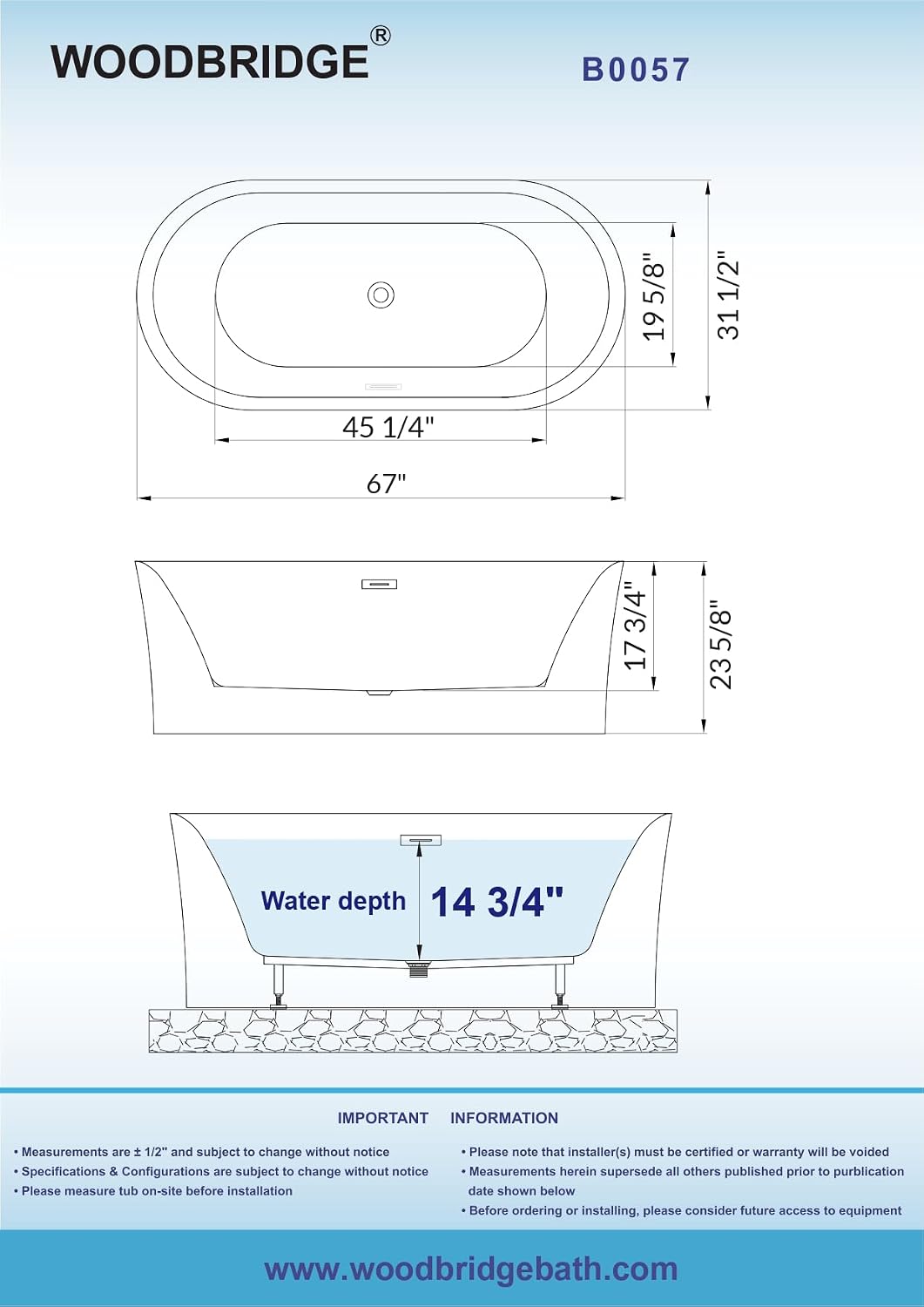 WOODBRIDGE 67' Acrylic Freestanding Bathtub Contemporary Soaking Tub with Brushed Nickel Overflow and Drain,White Tub,B0057-BN