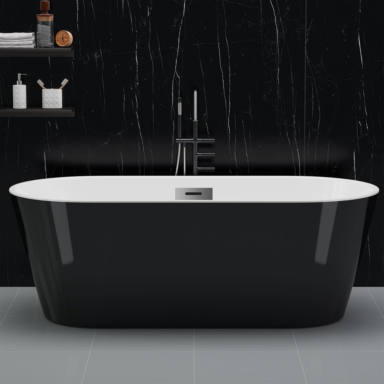 GarveeTech 59 in Acrylic Freestanding Bathtub, Contemporary Stand Alone Tub,Black Soaking Tub, Oval Bathtub with Chrome Overflow and Drain, CUPC Certified