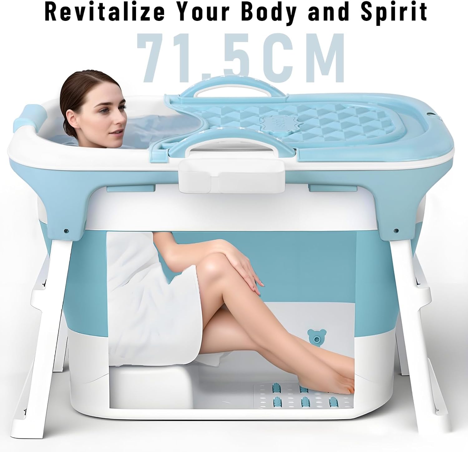 Portable Foldable Bathtub for Adult, 41' Small Foldable Tub with Ergonomic Seat & Massage Roller, Large Capacity Soaking Tub for Adults with Thermal Cover (Blue)