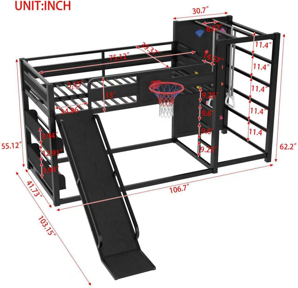 Multifunction Kids Loft Bed with Basketball Hoop, Slide, Pull-up Rings and Climbing Wall, Twin Metal Bunk Bed with Basketball Hoop, Pull-Up rings, Climbing Wall, and Built-in Bookshelves, Black
