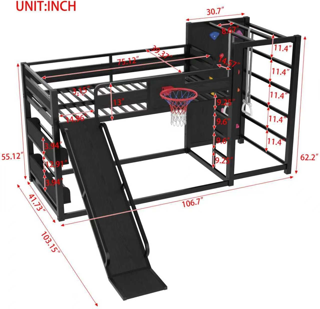 Multifunction Kids Loft Bed with Basketball Hoop, Slide, Pull-up Rings and Climbing Wall, Twin Metal Bunk Bed with Basketball Hoop, Pull-Up rings, Climbing Wall, and Built-in Bookshelves, Black