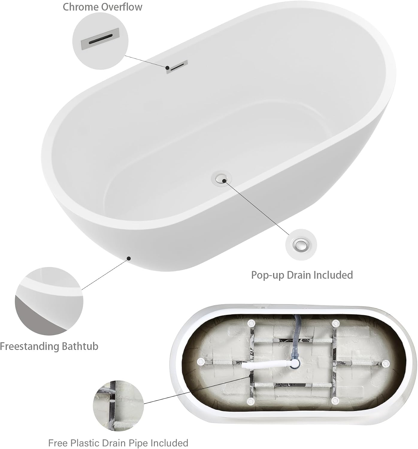 Logmey 59 Inch White Acrylic Freestanding Bathtub with Overflow Oval Shape Soaking Tub for Classic and Modern Bathrooms Chrome, Drain & Overflow Assembly Included