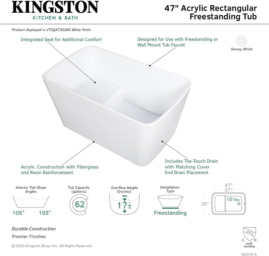 Kingston Brass VTSQ473026S Aqua Eden 47' Acrylic Freestanding Tub with Drain and Integrated Seat, Glossy White