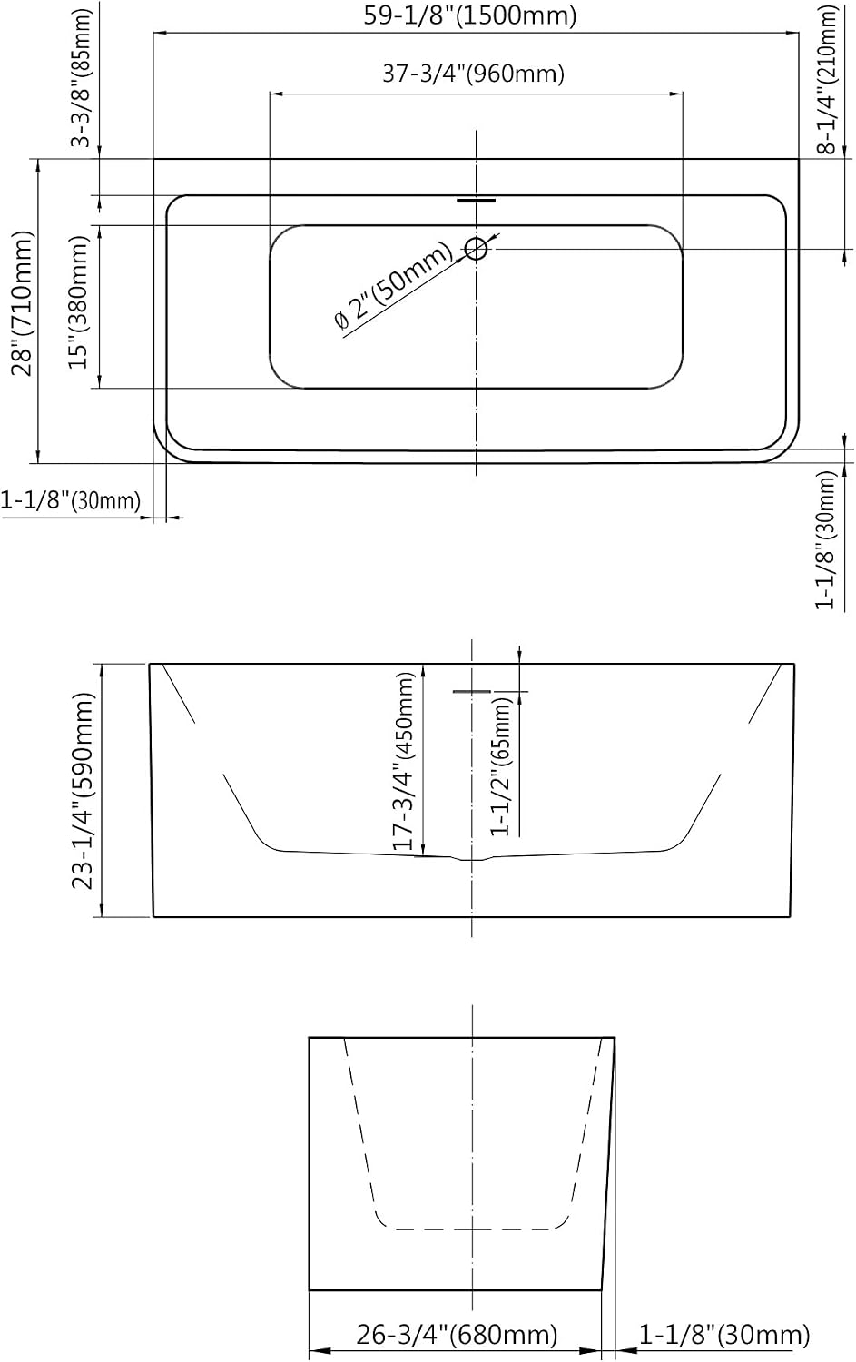 Dowell 073 59' Luxury Contemorary High Grade Acrylic FREE STANDING Bathtub Modern White (59-1/8'x28'x22-7/8')