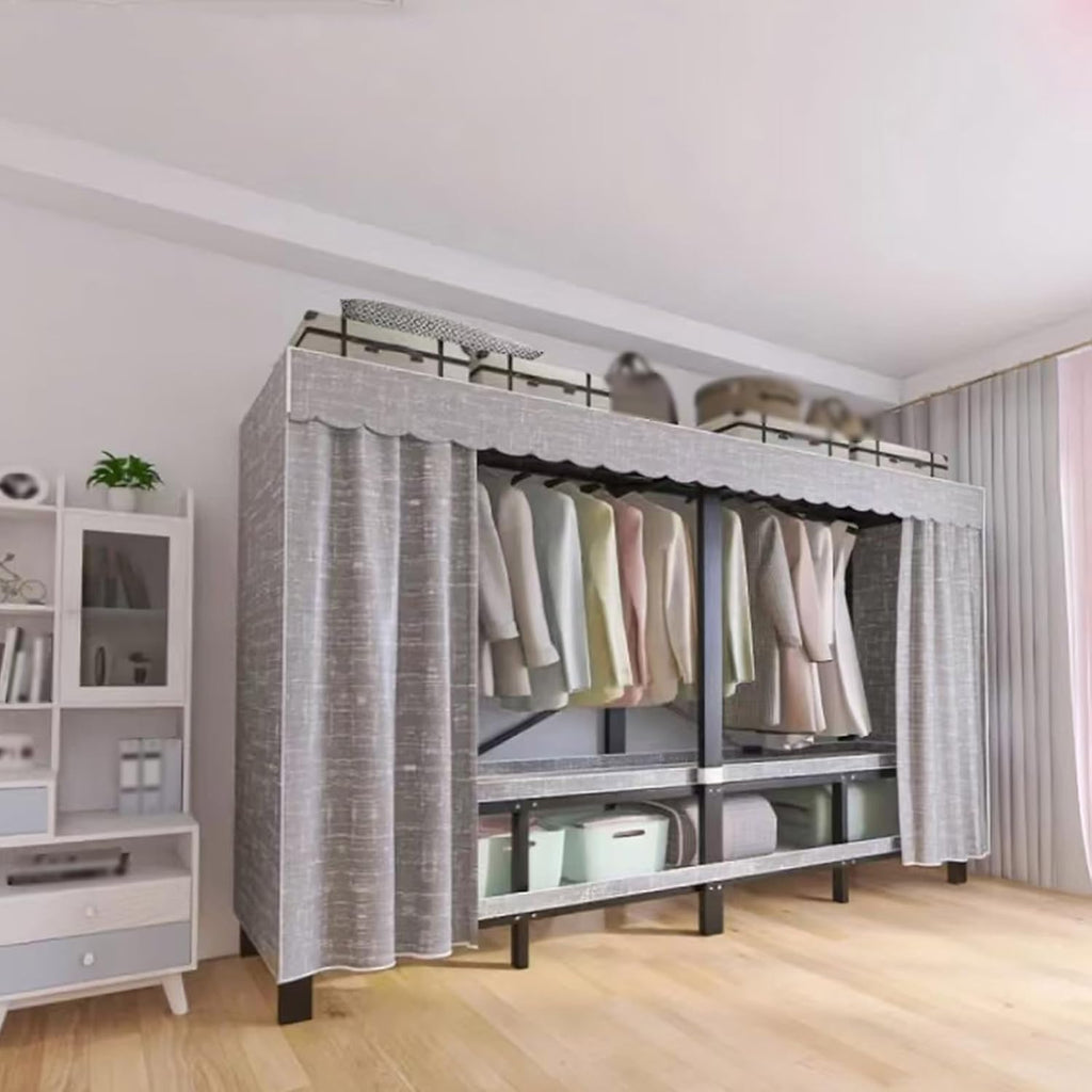 Heavy Duty Garment Shelf with Fabric Cover, Portable Foldable Wardrobe Closet Rack, Freestanding Armoires Clothes Storage Organizer Shelves with 2 Hanging Rods, Load 2000 Lb