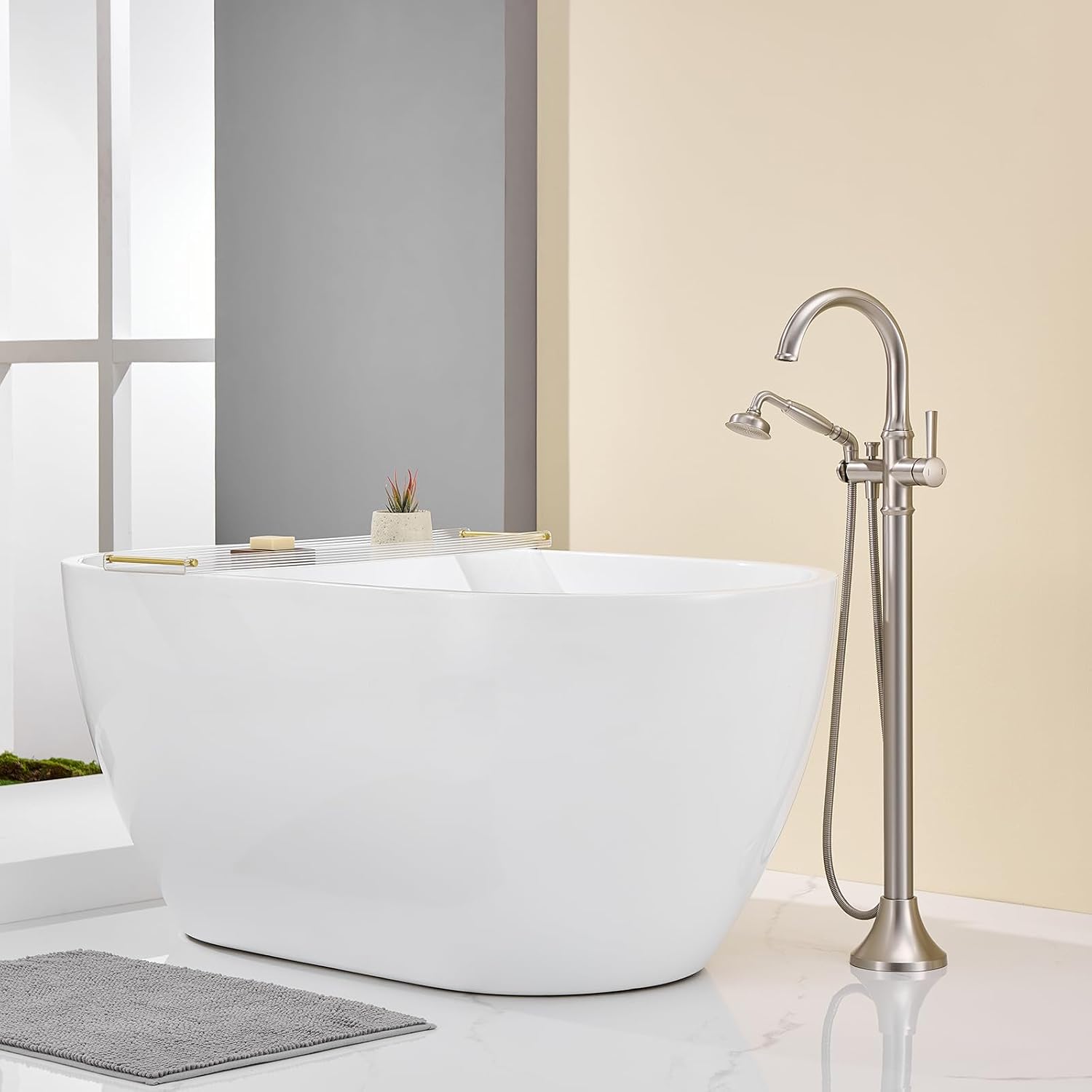 Wowkk Freestanding Tub Faucet Floor Mount Tub Filler Brushed Nickel Free Standing Bathtub Faucet Brass Bath Faucet with Hand Shower