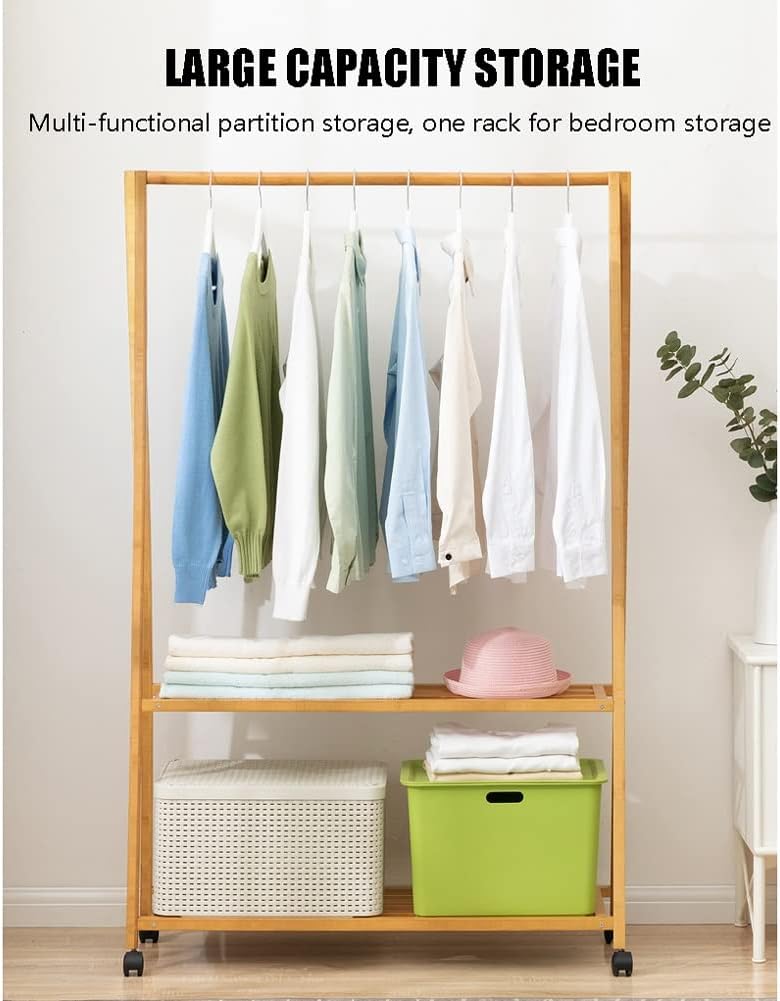 MZP Single Rod Clothes Garment Rack Rolling Clothing Organizer Shelf with Wheels Open Wardrobe Closet Coat Stands with 2 Shelves for Bedrooms Hallway Entryway (Color : Brown, Size : 75X33X150cm)