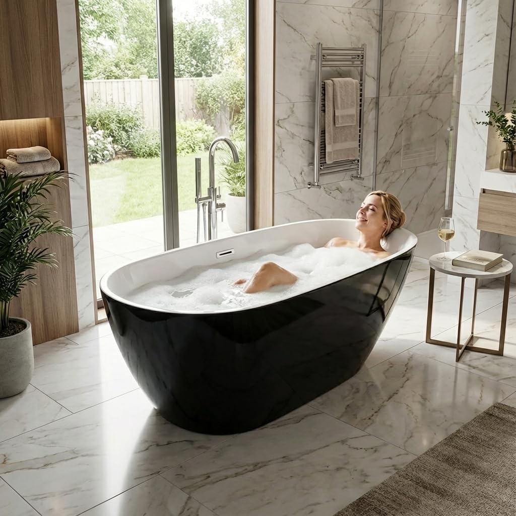 GarveeTech 59 Inch Freestanding Bathtub, Acrylic Deep Soaking Tub, Non-Slip Acrylic Tub with Chrome Overflow and Drain, cUPC Certified, Ergonomic Modern Bath for Bathrooms, Easy-Install