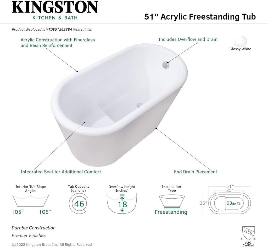 VTDE512628BA 51-Inch Acrylic Freestanding Tub with Drain and Integrated Seat, Glossy White