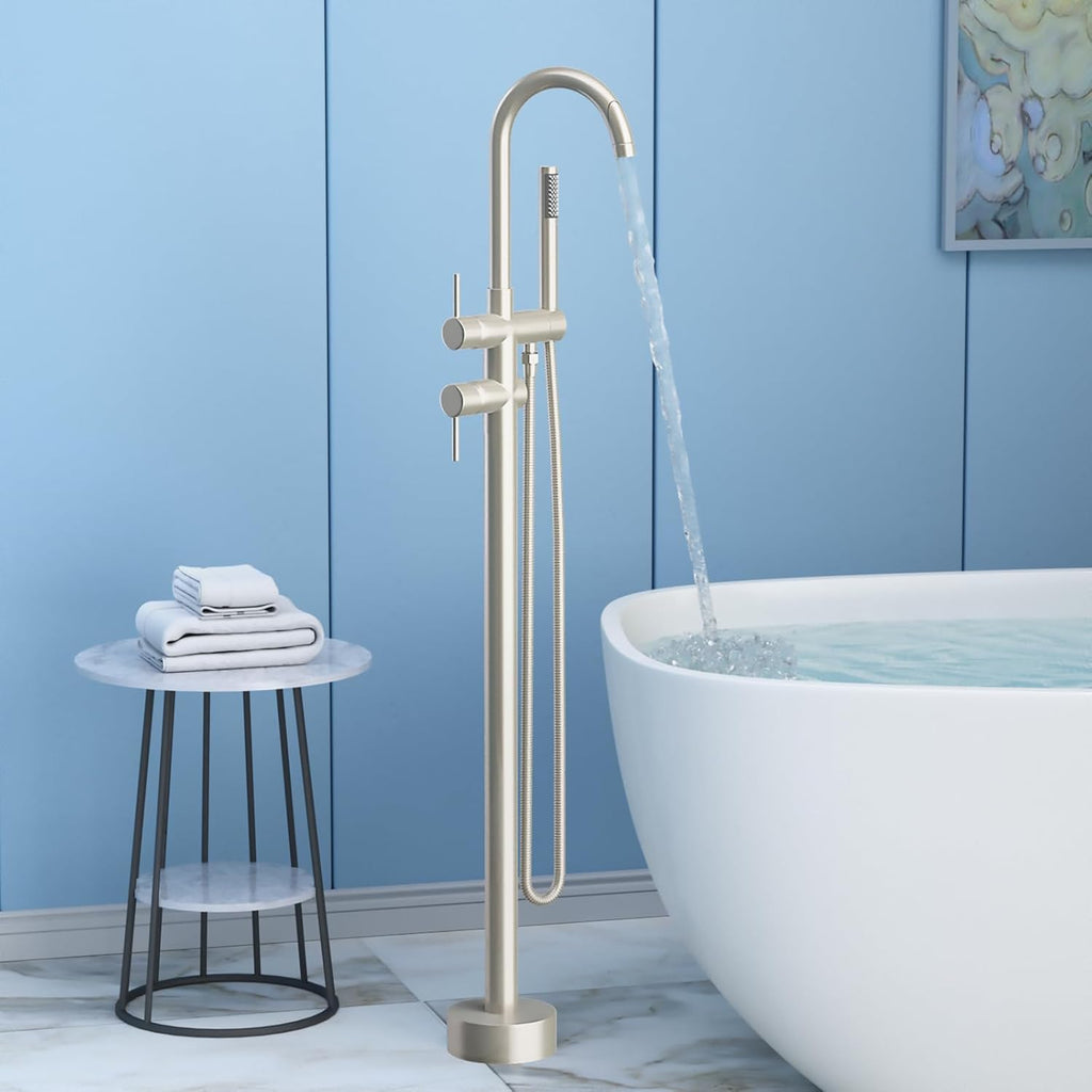Freestanding Bathtub Faucet,Tub Filler Floor Mount Stand Bathtub Faucet Brass Bathroom Tub Faucets with 2 Function Hand Shower Wand Swivel Brushed Nickel