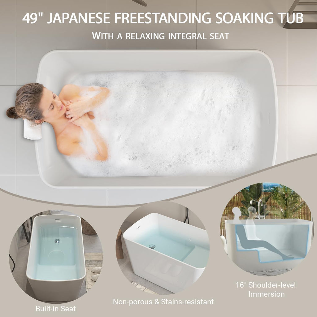 Acrylic Freestanding Bathtub - 49 Inch Square Japanese Soaking Tub with Seat, Chrome Pop-Up Drain, Overflow - cUPC Certified, Glossy White