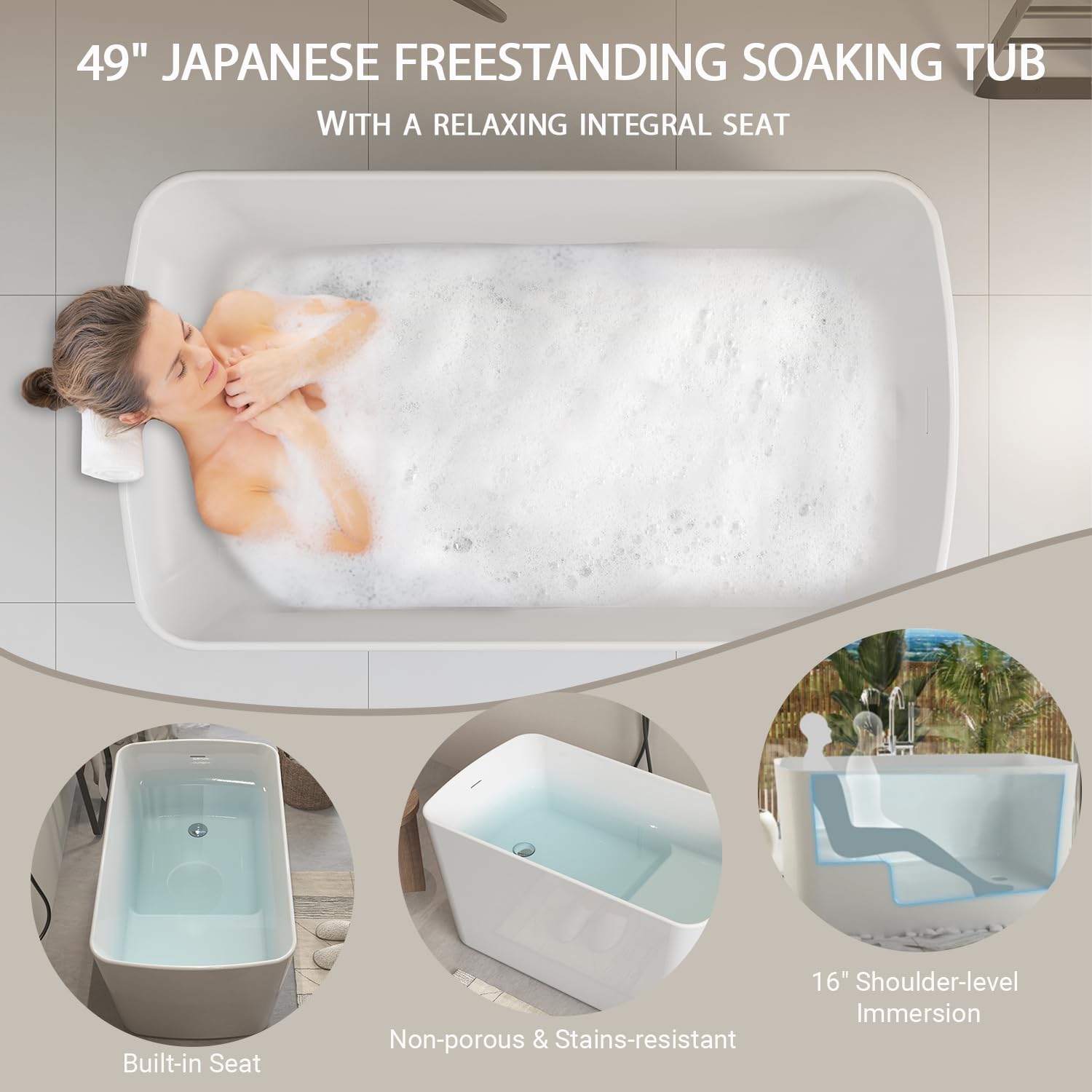 Acrylic Freestanding Bathtub - 49 Inch Square Japanese Soaking Tub with Seat, Chrome Pop-Up Drain, Overflow - cUPC Certified, Glossy White