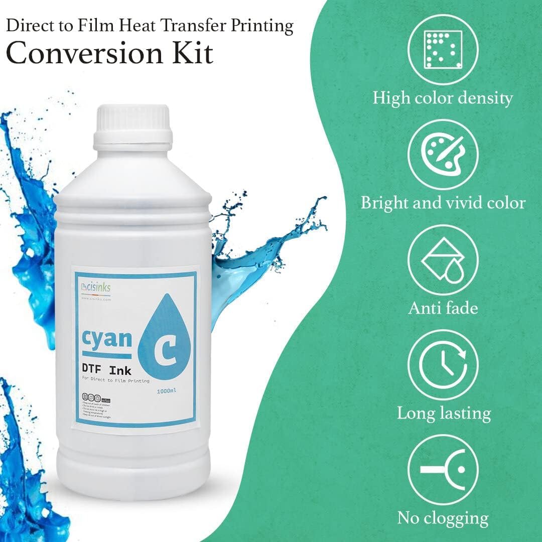 Premium Large DTF Ink Bottle Bulk Refill Set 6000ML (1000ml x 6, CMYK 2X Wh) - Direct to Film Heat Transfer Printing, Conversion Kit, Compatible w/DTF Film Cyan/Magenta/Yellow/Black/2x White