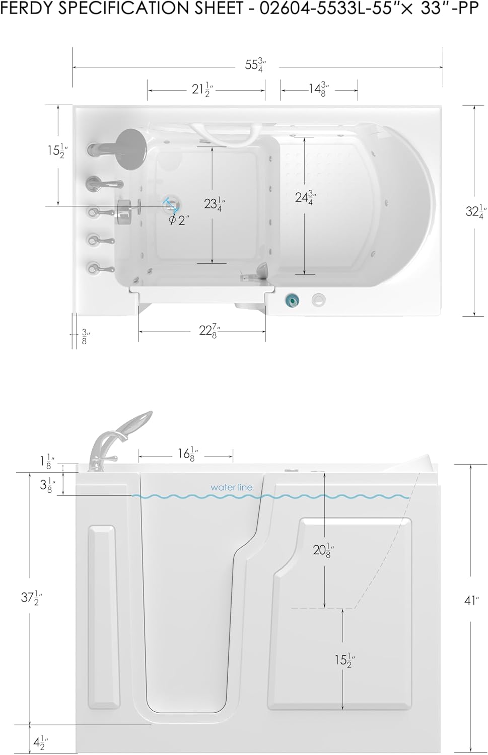 FerdY Floridian 55' x 33' Walk-in Whirlpool Bathtub with 16 Air Water SPA Jets and Left-Side Door Opening and Quick Fill and Drain System, Rectangular Soaking Jetted Bath Tub in White with LED Lights