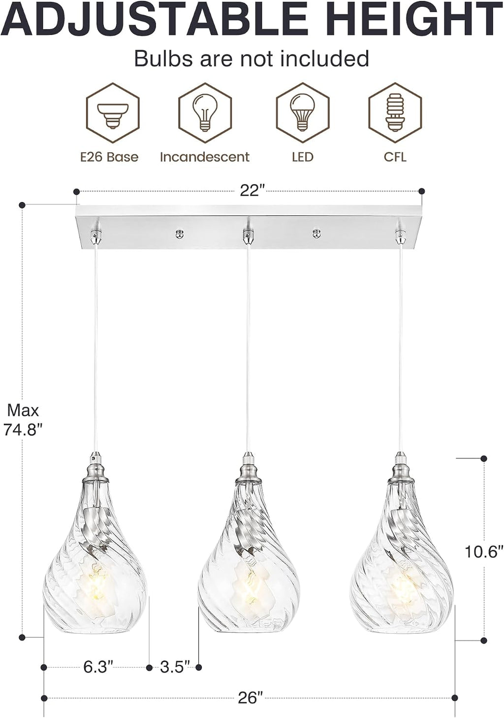 TENGXIN 3-Light Pendant Lights for Kitchen Islands - 6 Inch Brushed Nickel with Striped Glass. Farmhouse Style, Ideal for Dining Rooms and Bedrooms, Model TXPLBN12-3.