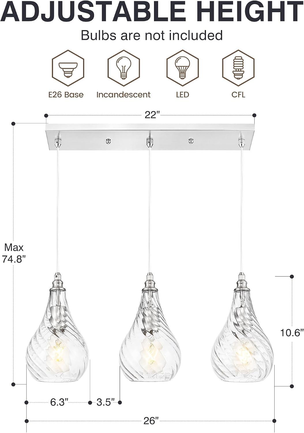 TENGXIN 3-Light Pendant Lights for Kitchen Islands - 6 Inch Brushed Nickel with Striped Glass. Farmhouse Style, Ideal for Dining Rooms and Bedrooms, Model TXPLBN12-3.