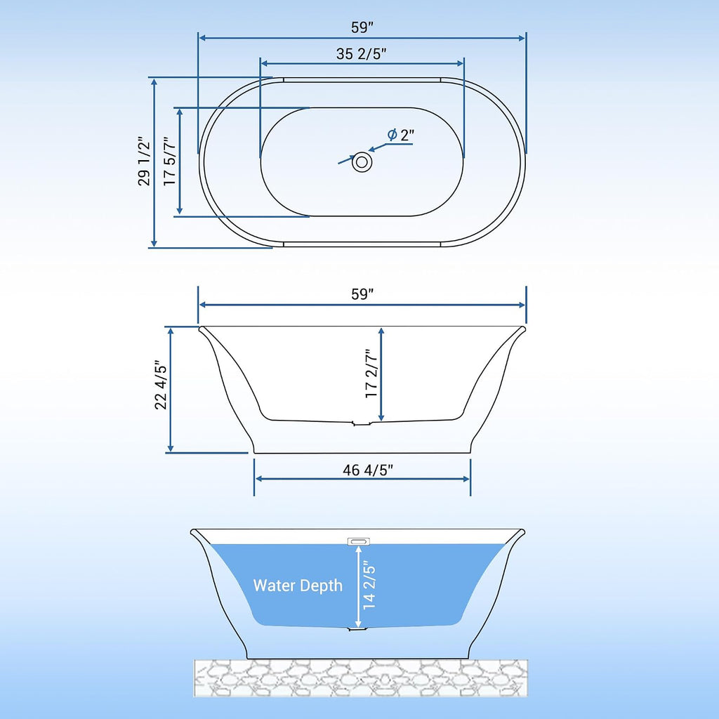 59' Oval Freestanding Bathtub, Acrylic Soaking Tub with Overflow, Matte Silver Drain, Modern Stand Alone Tub, Deep Free Standing Bath Tub for Bathroom, Hotel, Easy Install, CUPC Certified, White