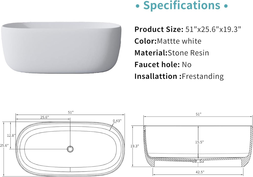 51' Stone Resin Freestanding Bathtub, Oval Shape Solid Surface Freestanding Tubs for Small Bathroom, Stand Alone Soaking Tubs with Integrated Slotted Overflow and Drain, Matte White