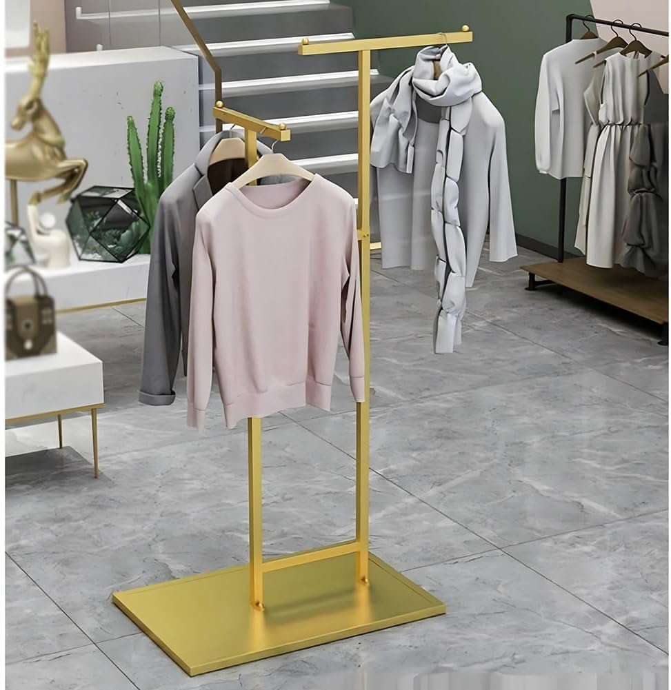 Freestanding Clothing Store Display Rack, Metal Iron Floor-Standing Lifting Clothes Hanger with Adjustable Height, Double Rail Freestanding Garment Rack, for Retail Boutique(Gold)