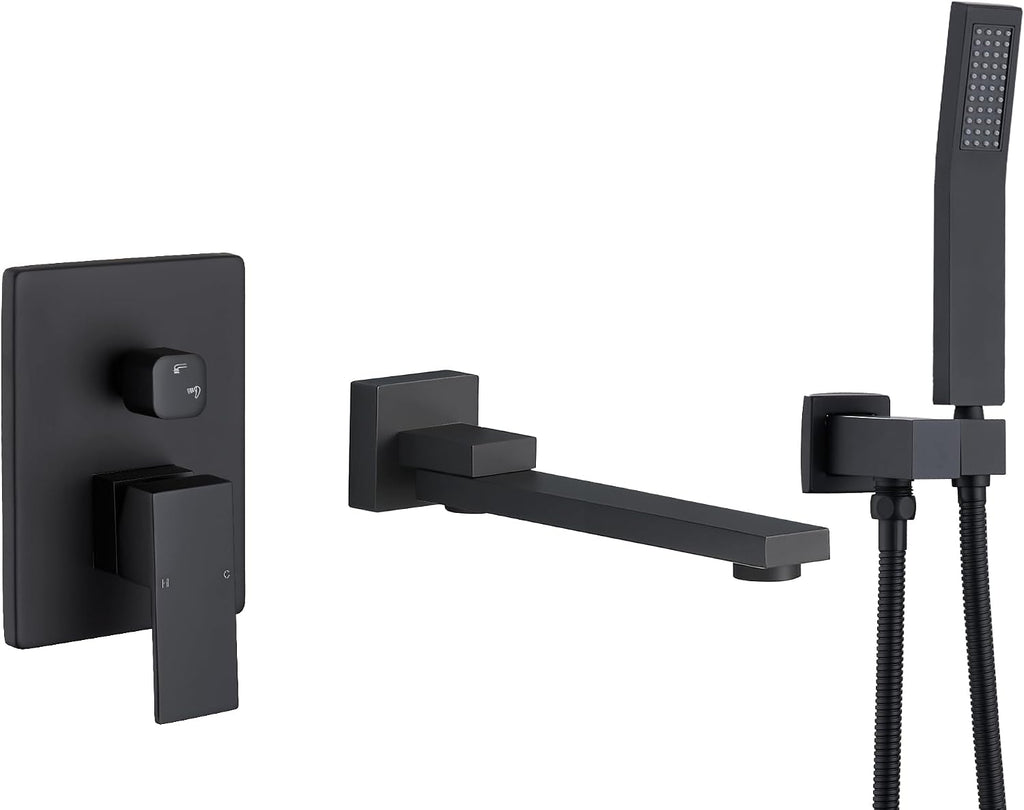 DASAN Swiveling Wall Mount Tub Filler Faucet Set with Hand Held Shower, Matte Black Modern Creative Bathtub Faucet Wall Mounted Bath Tub Faucet with High Flow Rough in Valve, SA-TF05WH-MB