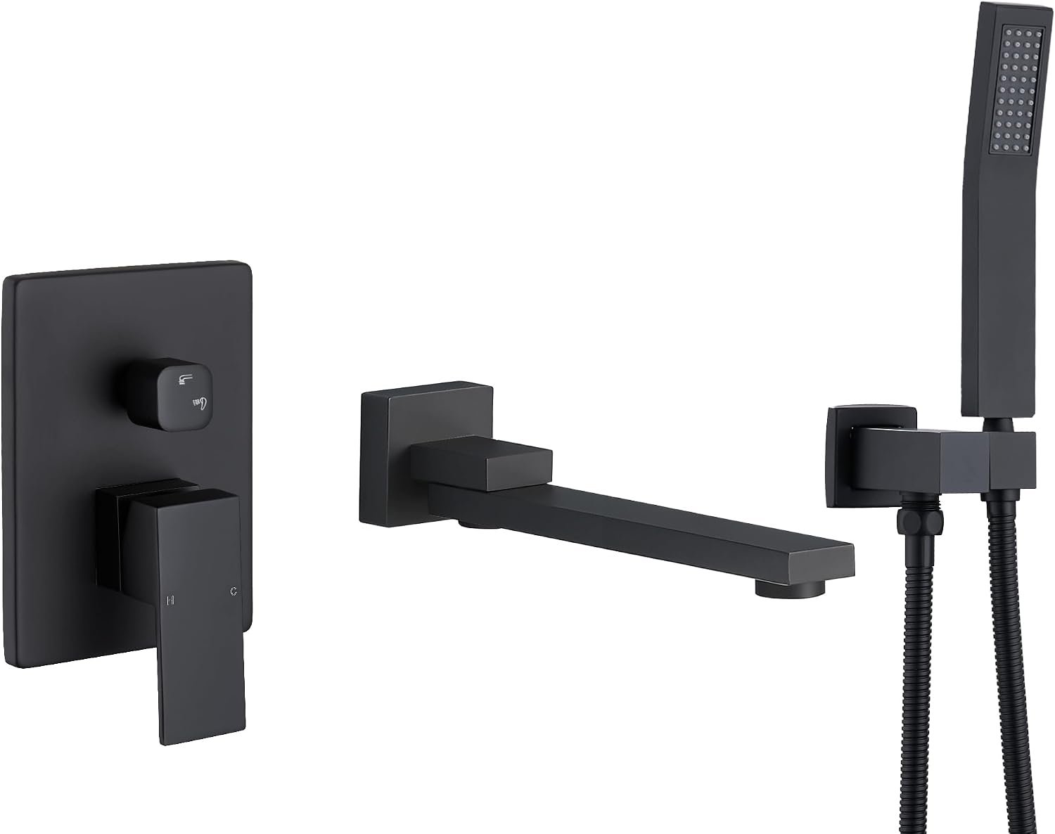 DASAN Swiveling Wall Mount Tub Filler Faucet Set with Hand Held Shower, Matte Black Modern Creative Bathtub Faucet Wall Mounted Bath Tub Faucet with High Flow Rough in Valve, SA-TF05WH-MB