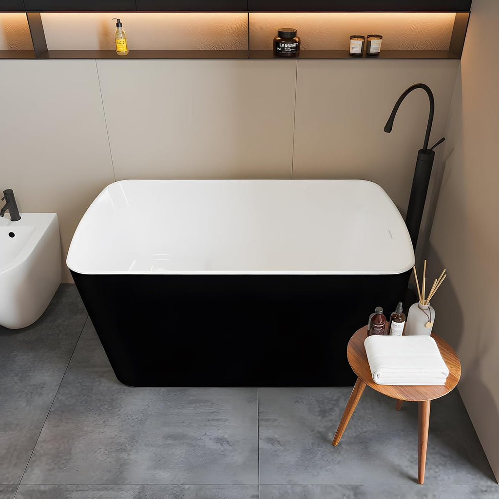 49' Freestanding Acrylic Bathtub, Japanese Square Soaking Tub with Built-in Seat, Toe-Tap Drain & Slotted Overflow, CUPC Certified Black Standalone Tub for Modern Bathroom