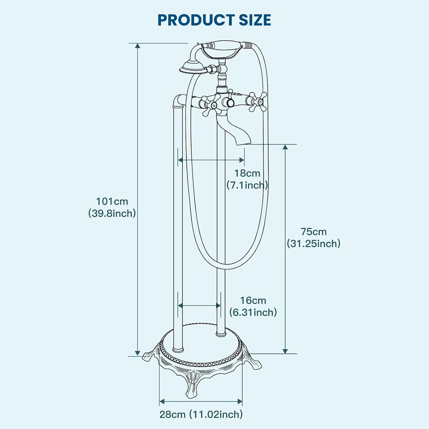 gotonovo Freestanding Bathtub Faucet Floor Mount Tub Filler with Double Cross Knobs 360° Rotation Spout High Flow Floor Standing Bathtub Shower Trumpet Shape Handheld Spray Brushed Nickel