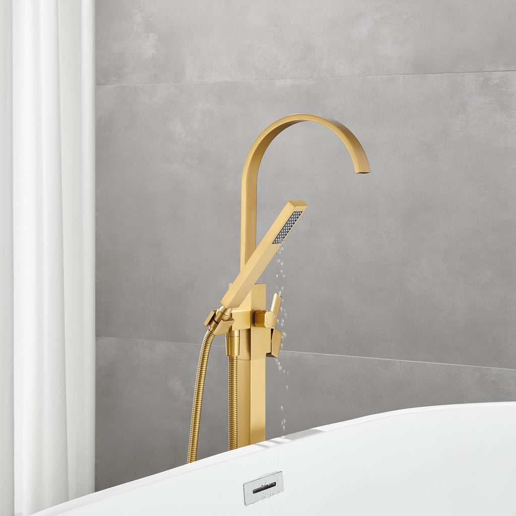 Freestanding Bathtub Faucet Floor Mount Tub Filler Brushed Gold Brass Bathroom Faucets Single Handle with Hand Shower
